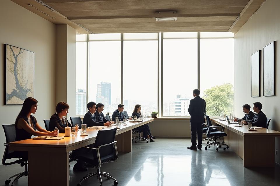 現代的なオフィスで働く人々、背景に日本の伝統美の要素